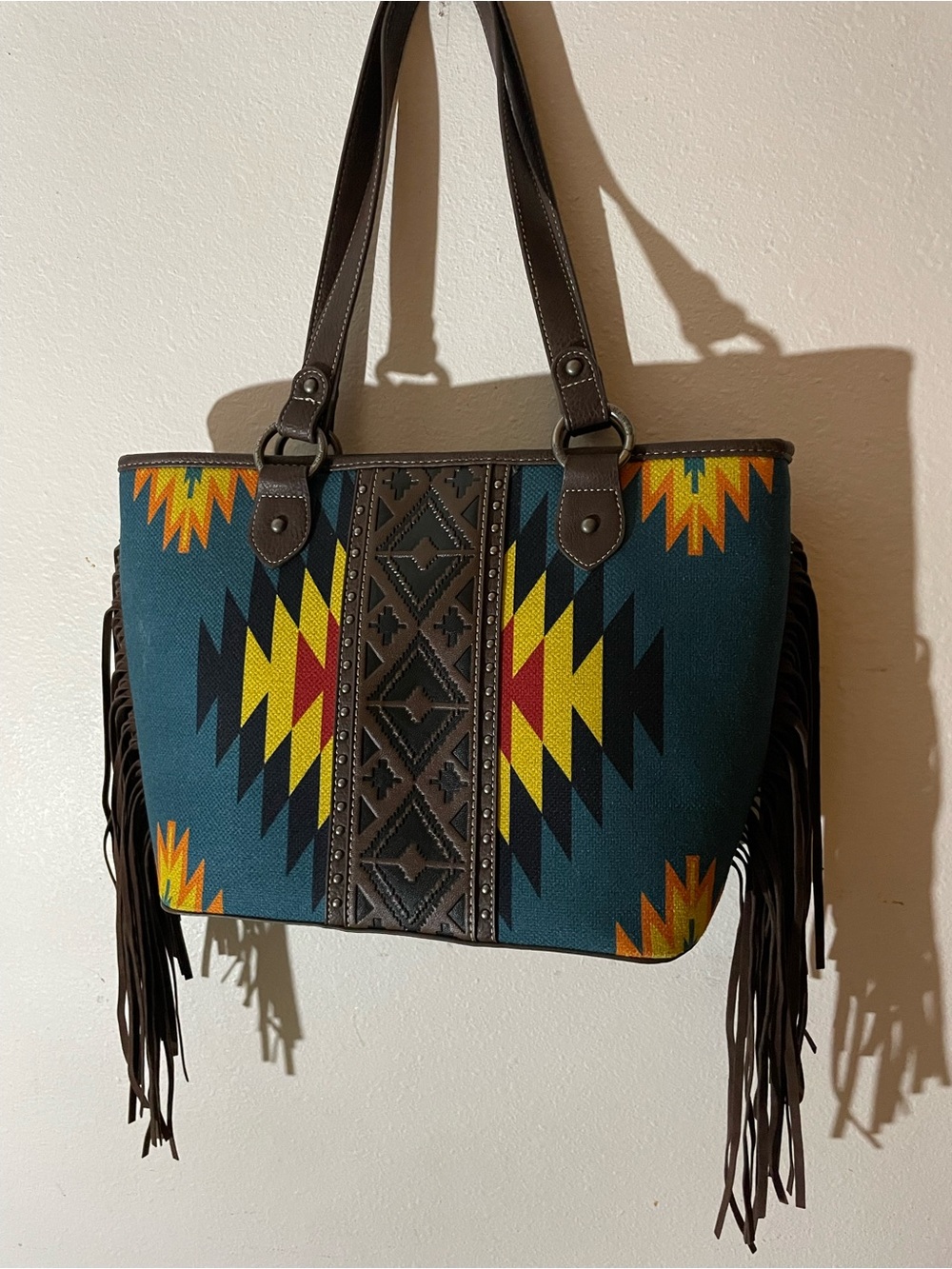 Montana West Teal Aztec Canvas Tote with Brown Fringe